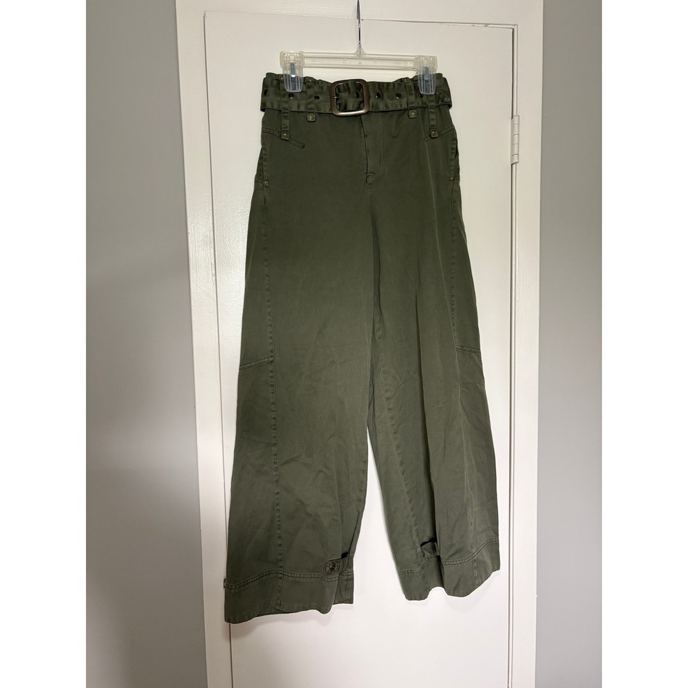 NEW Free People Sloane Belted Wide Leg Baggy Pants XS Green Herringbone Utility - Picture 2 of 10